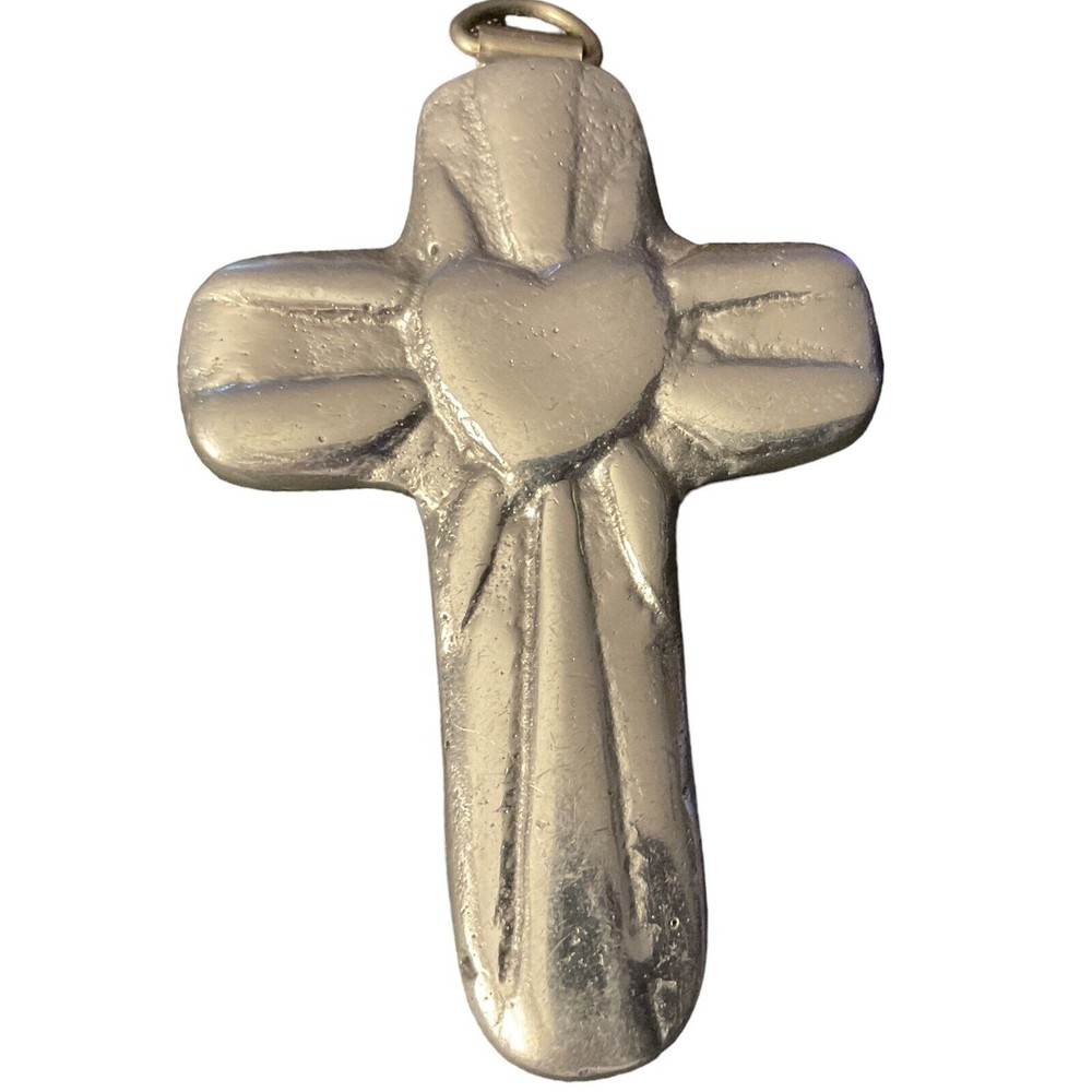 Mexican Pewter Silvertone Decorative Cross Ornate Hanging Wall Art Only 3"